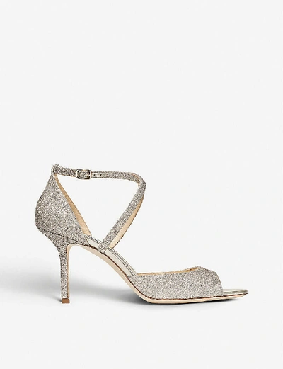 Shop Jimmy Choo Women's Platinum Ice Emsy Peep-toe Glitter-leather Heeled Sandals