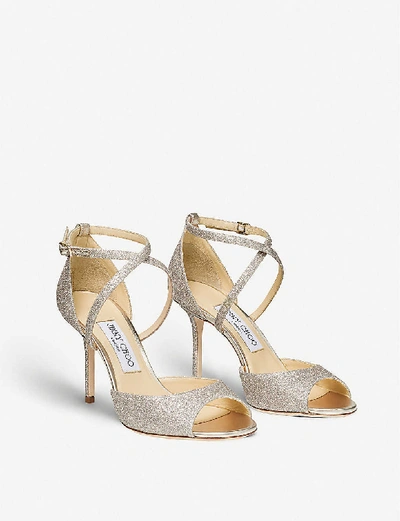 Shop Jimmy Choo Emsy Peep-toe Glitter-leather Heeled Sandals In Platinum Ice