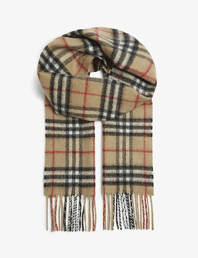 Shop Burberry Boys Beige Kids Checked Cashmere Scarf