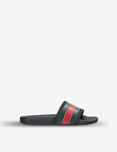 Gucci Black Webbing Stripe Printed Slides In Green Oth