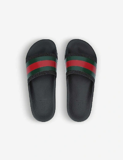 Gucci Black Webbing Stripe Printed Slides In Green Oth