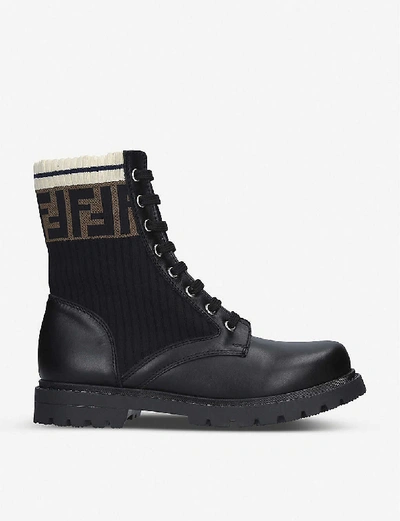 Fendi Kids' Ff Motif Lace-up Leather Boots In Black | ModeSens