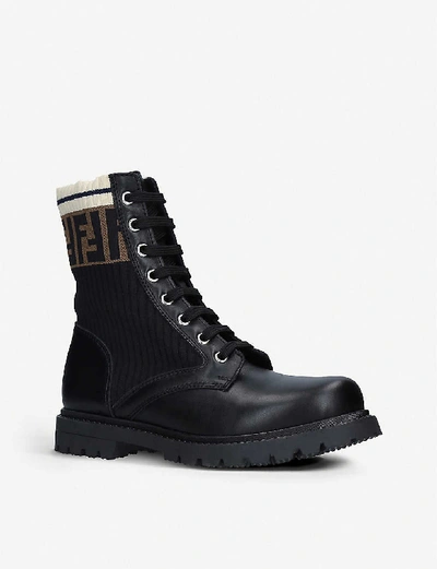 Shop Fendi Boys Black Kids Ff Worker Leather Lace-up Boots 7-10 Years 13