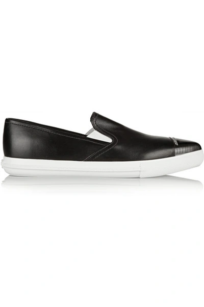 Shop Miu Miu Metal-trimmed Leather Slip-on Trainers In Black