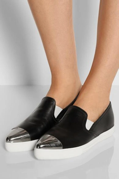 Shop Miu Miu Metal-trimmed Leather Slip-on Trainers In Black