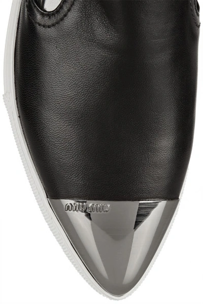 Shop Miu Miu Metal-trimmed Leather Slip-on Trainers In Black