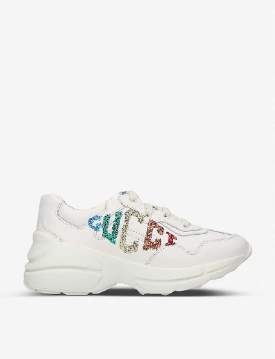 Shop Gucci Rhyton Glitter-embellished Leather Trainers 5-8 Years In White/comb