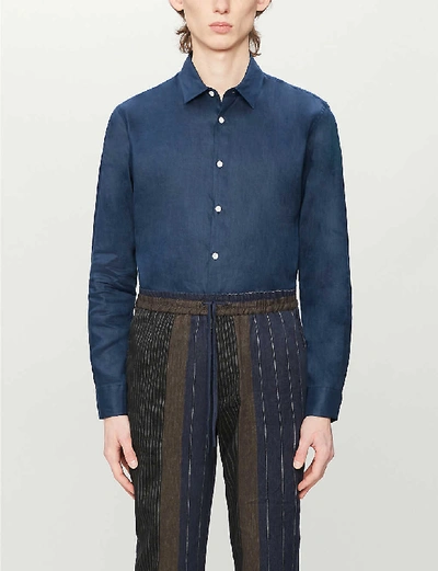 Shop Sandro Slim-fit Seamless Linen Shirt In Navy Blue