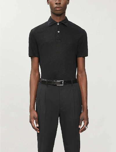 Shop Sandro Beach Marled Regular-fit Linen Polo Shirt In Black