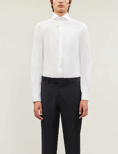 Shop Eton Men's White Signature Pleated-cuff Regular-fit Cotton-twill Shirt