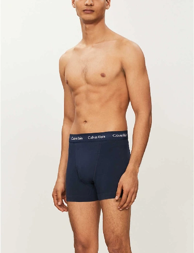 Shop Calvin Klein Mens Blue/black/blue Pack Of Three Modern Essentials Classic-fit Stretch-cotton Trunks