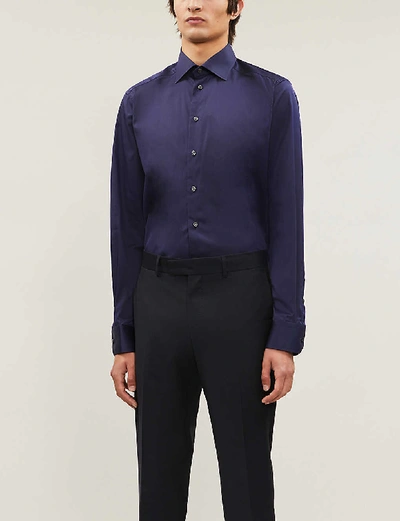 Shop Eton Signature Pleated-cuff Regular-fit Cotton-twill Shirt In Navy