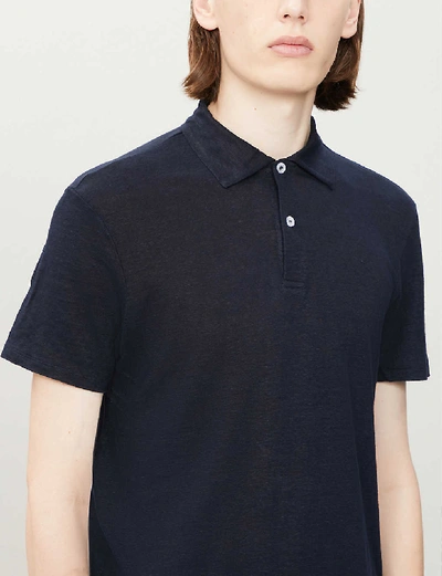 Shop Sandro Beach Marled Regular-fit Linen Polo Shirt In Navy Blue