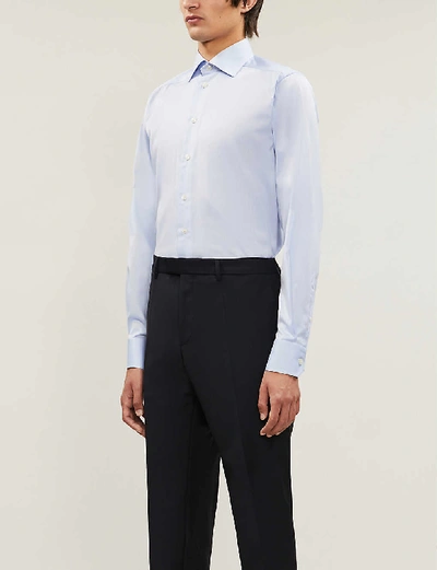 Shop Eton Men's Light Blue Signature Pleated-cuff Regular-fit Cotton-twill Shirt In Nero