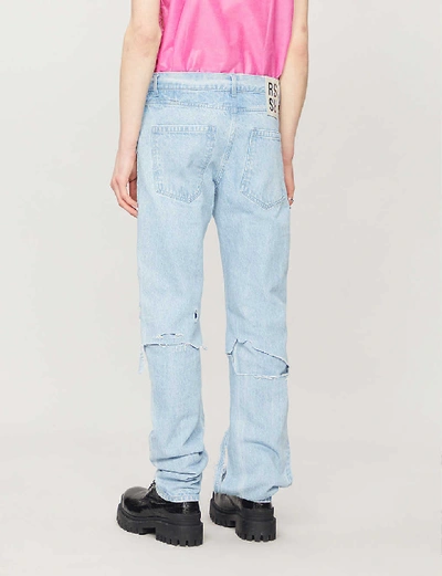 Shop Raf Simons Distressed Tapered Jeans In Light Blue