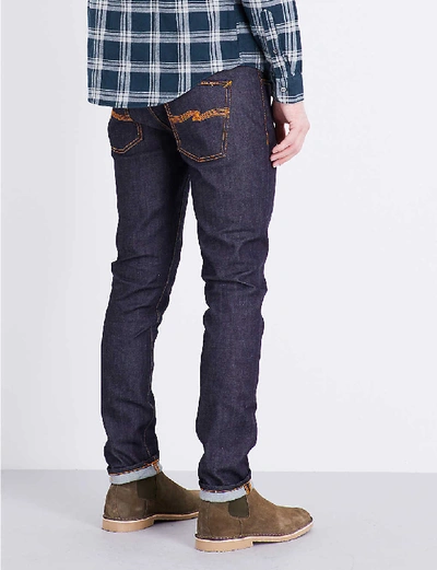 Shop Nudie Jeans Mens Dry 16 Dips (blue) Lean Dean Slim-fit Skinny Jeans