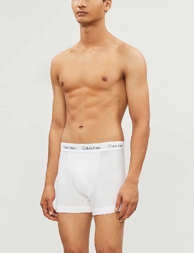 Shop Calvin Klein Mens White/stripe/ Black Cotton Stretch Low-rise Cotton Trunks Pack Of Three