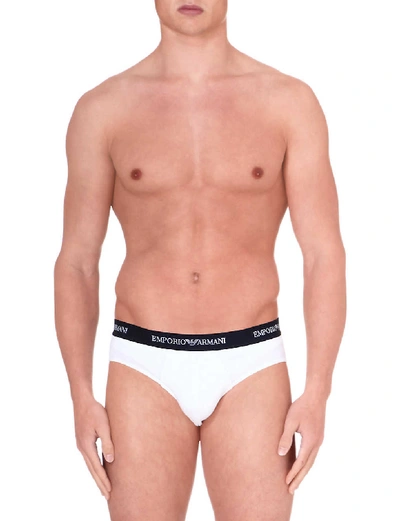 Shop Emporio Armani Mens White/blue Pack Of Two Logo Slim-fit Cotton Briefs In White And Navy Blue