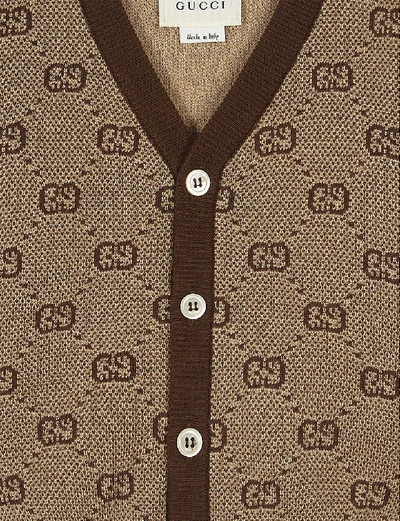 Shop Gucci Beige Gg Logo Knitted Wool-blend Cardigan 3-36 Months 12-18 Months