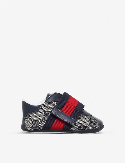 Shop Gucci Babys Navy Blue Baby Icon Logo Print Casual Trainers, Size: Eur 19 / 3 Uk Kids In Navy/black/red