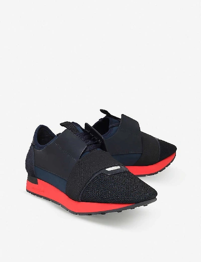 Shop Balenciaga Race Runners Panelled Mesh, Leather And Knitted Low-top Trainers In Blue/drk.c
