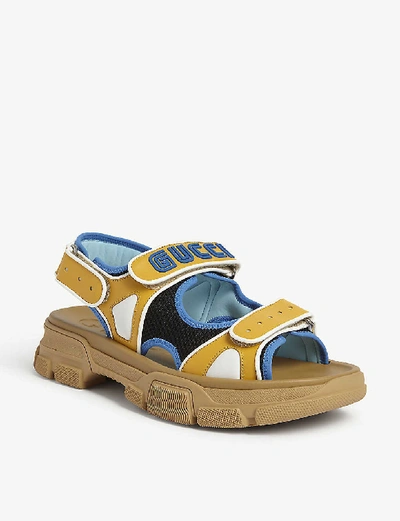 Shop Gucci Aguru Trek Brand-embellished Leather Gladiator Sandals In Yellow