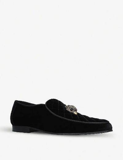 Shop Kurt Geiger Hugh Eagle Head Embellished Velvet Loafers In Black