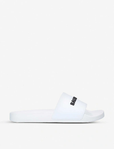 Shop Balenciaga Men's White/blk Logo-print Rubber Pool Sliders