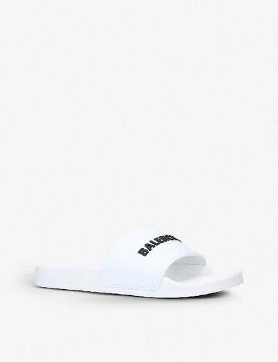 Shop Balenciaga Men's White/blk Logo-print Rubber Pool Sliders