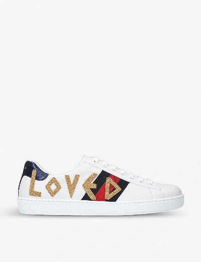 Shop Gucci Mens New Ace Embroidered Leather Low-top Trainers In White/oth