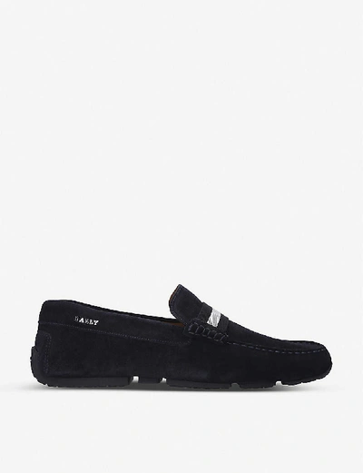 Shop Bally Pearce Grosgrain-trim Suede Loafers In Navy