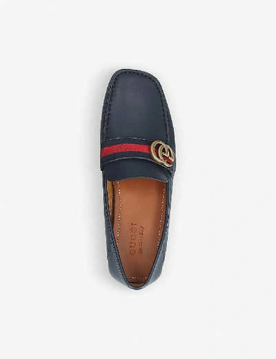 Shop Gucci Mens Navy Driver Logo-embellished Leather Loafers 5