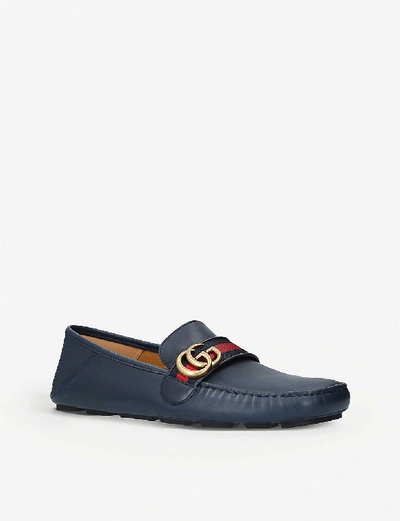 Shop Gucci Mens Navy Driver Logo-embellished Leather Loafers 5