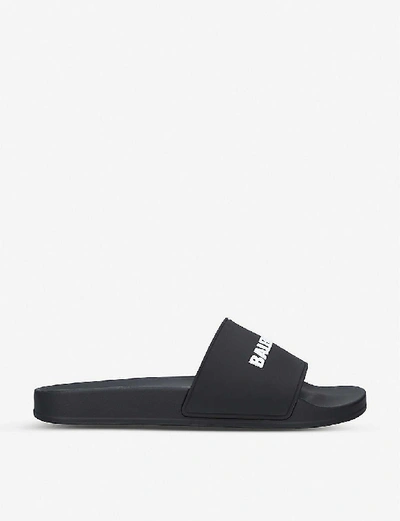 Shop Balenciaga Men's Blk/white Logo Rubber Pool Sliders