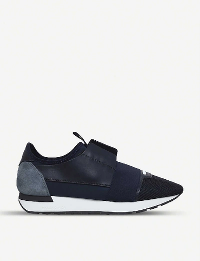 Shop Balenciaga Men's Race Runners Leather, Suede And Mesh Trainers In Navy