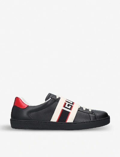 Shop Gucci New Ace Stripe Leather Trainers In Black