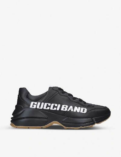 Shop Gucci Rhython Brand-print Leather Low-top Trainers In Black