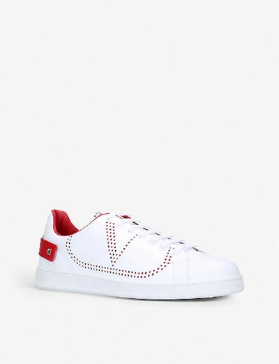 Shop Valentino Backnet Perforated Leather Trainers In White/red