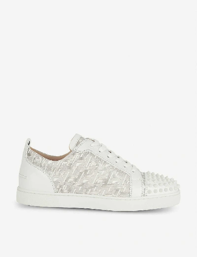 Shop Christian Louboutin Louis Junior Spikes Flat Calf/patent Cl In Version+white/silver