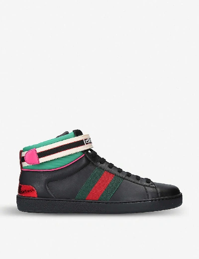 Shop Gucci Men's New Ace Metallic-trimmed Leather High-top Trainers In Black