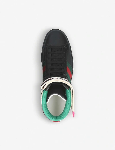 Shop Gucci Men's New Ace Metallic-trimmed Leather High-top Trainers In Black