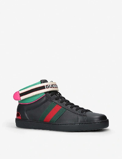 Shop Gucci Men's New Ace Metallic-trimmed Leather High-top Trainers In Black