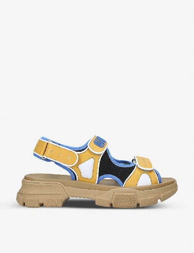 Shop Gucci Flashtrek Leather And Mesh Sandals In Yellow