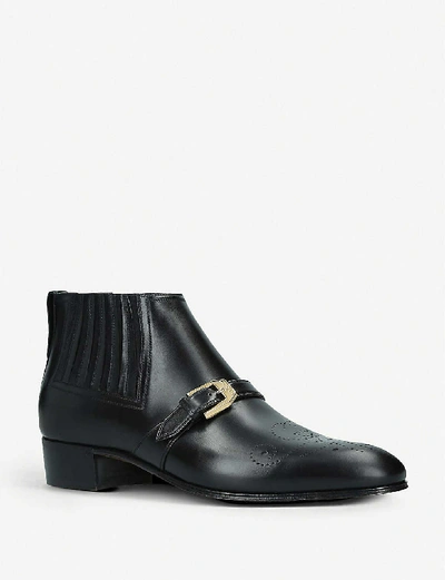 Shop Gucci Mens Black Worsh Buckle-detail Leather Boots 9