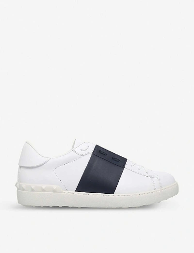 Shop Valentino Mens White/navy Open Contrast-stripe Leather Trainers In Nero