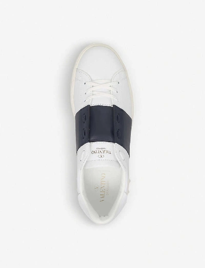 Shop Valentino Mens White/navy Open Contrast-stripe Leather Trainers In Nero
