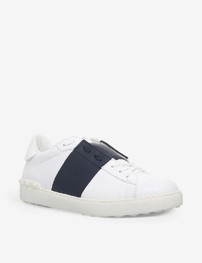 Shop Valentino Mens White/navy Open Contrast-stripe Leather Trainers In Nero