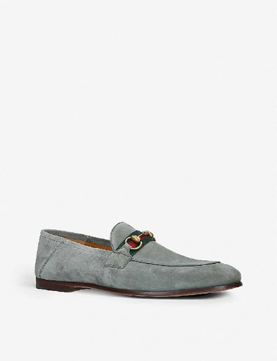 Shop Gucci Men's Grey Brixton Web-embellished Suede Loafers