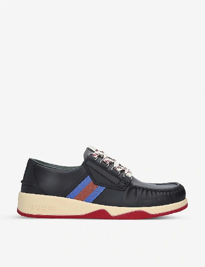 Gucci Agrado Web-striped Leather Deck Shoes In Black | ModeSens