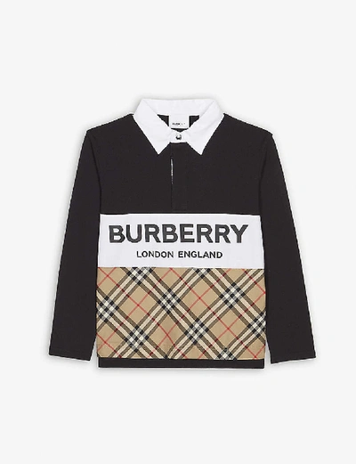 Shop Burberry Check Panel Long Sleeve Polo Shirt 3-14 Years In Black